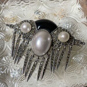 Vintage art deco Judith Jack sterling silver marcasite faux pearl festoon brooch